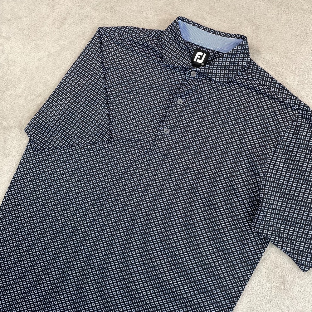 FootJoy Lisle Ogee Print Spread Collar Golf Polo Shirt Men Large Black Royal NEW